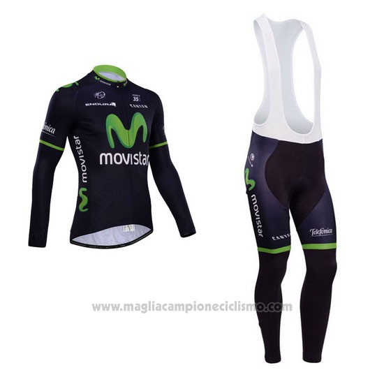 2014 Abbigliamento Ciclismo Movistar Nero Manica Lunga e Salopette